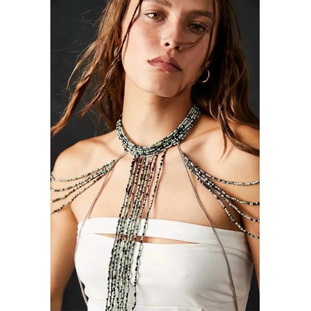 Free People Bohemian Beaded Festival Baez Body Chain Green Noir Statement NWT